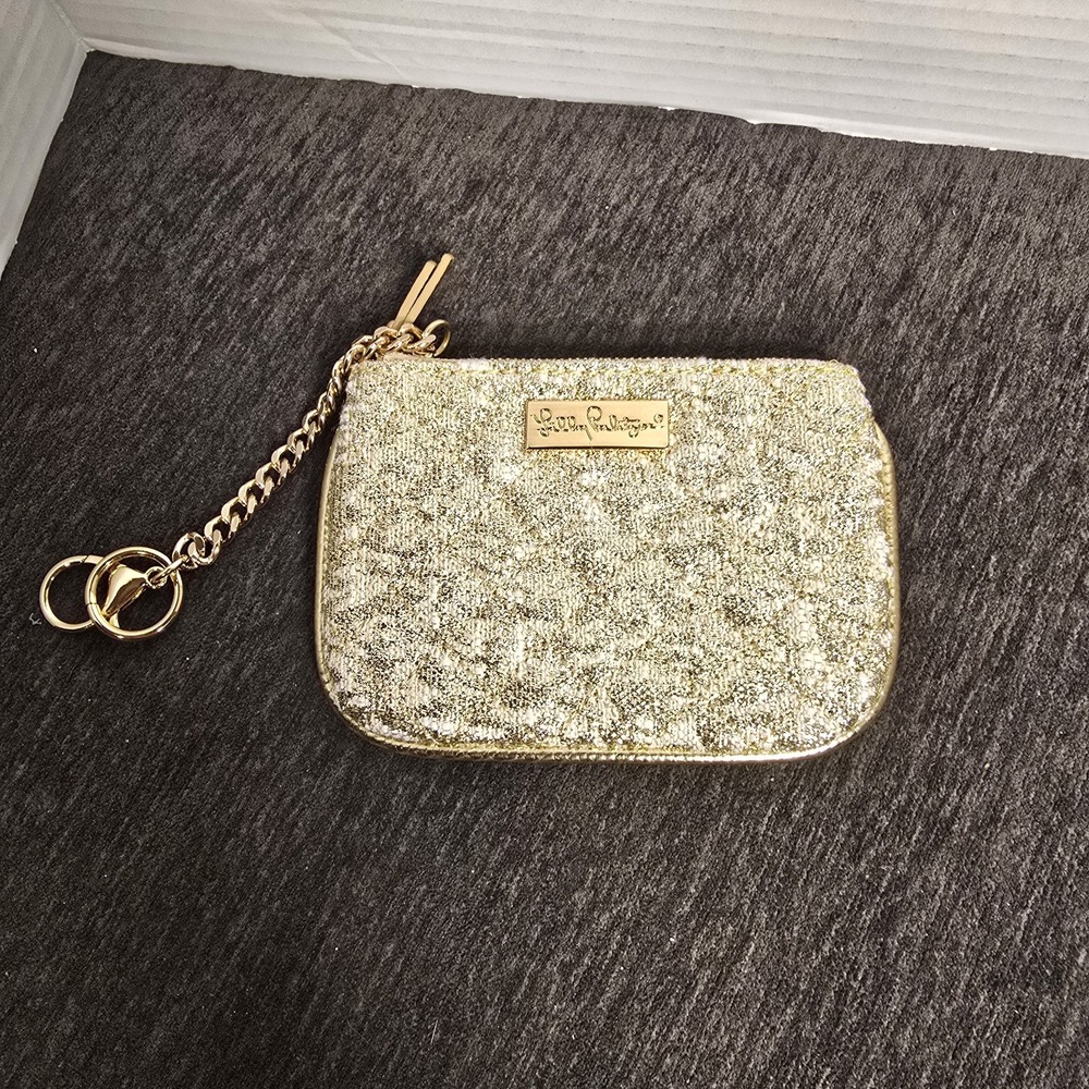 Lilly Pulitzer Louise Quilted Key ID Card Case Gold Tone